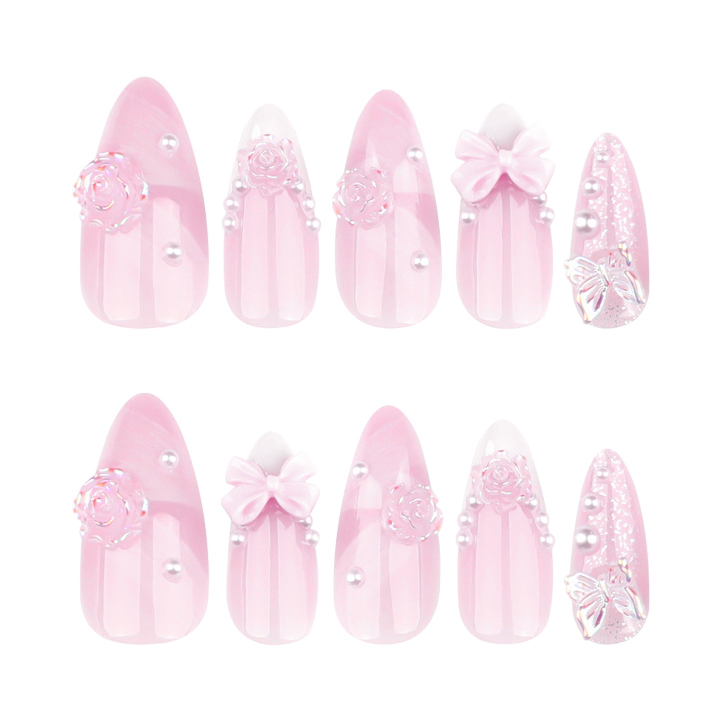 Charming Floral Fantasy Medium Almond Pink Press On Nail Set with Bows and Glitter Accents