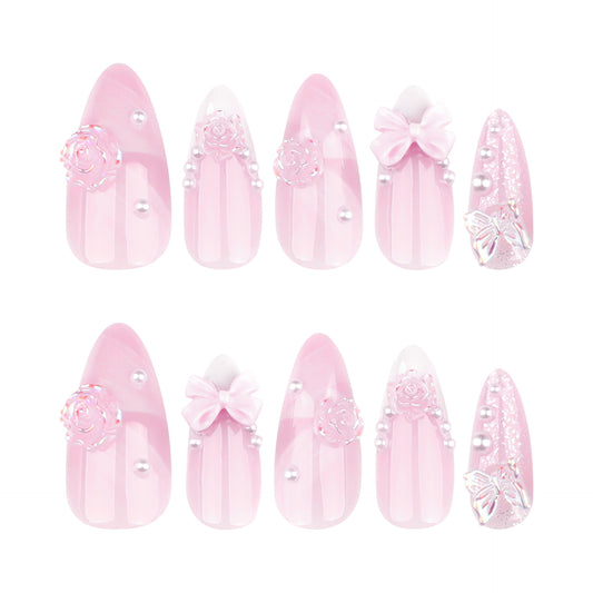 Charming Floral Fantasy Medium Almond Pink Press On Nail Set with Bows and Glitter Accents