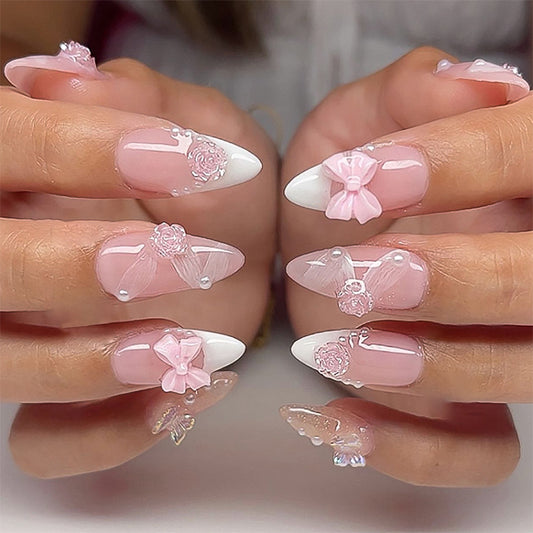 Blossoming Elegance Medium Almond Pink White Floral Embellished Press On Nail Set