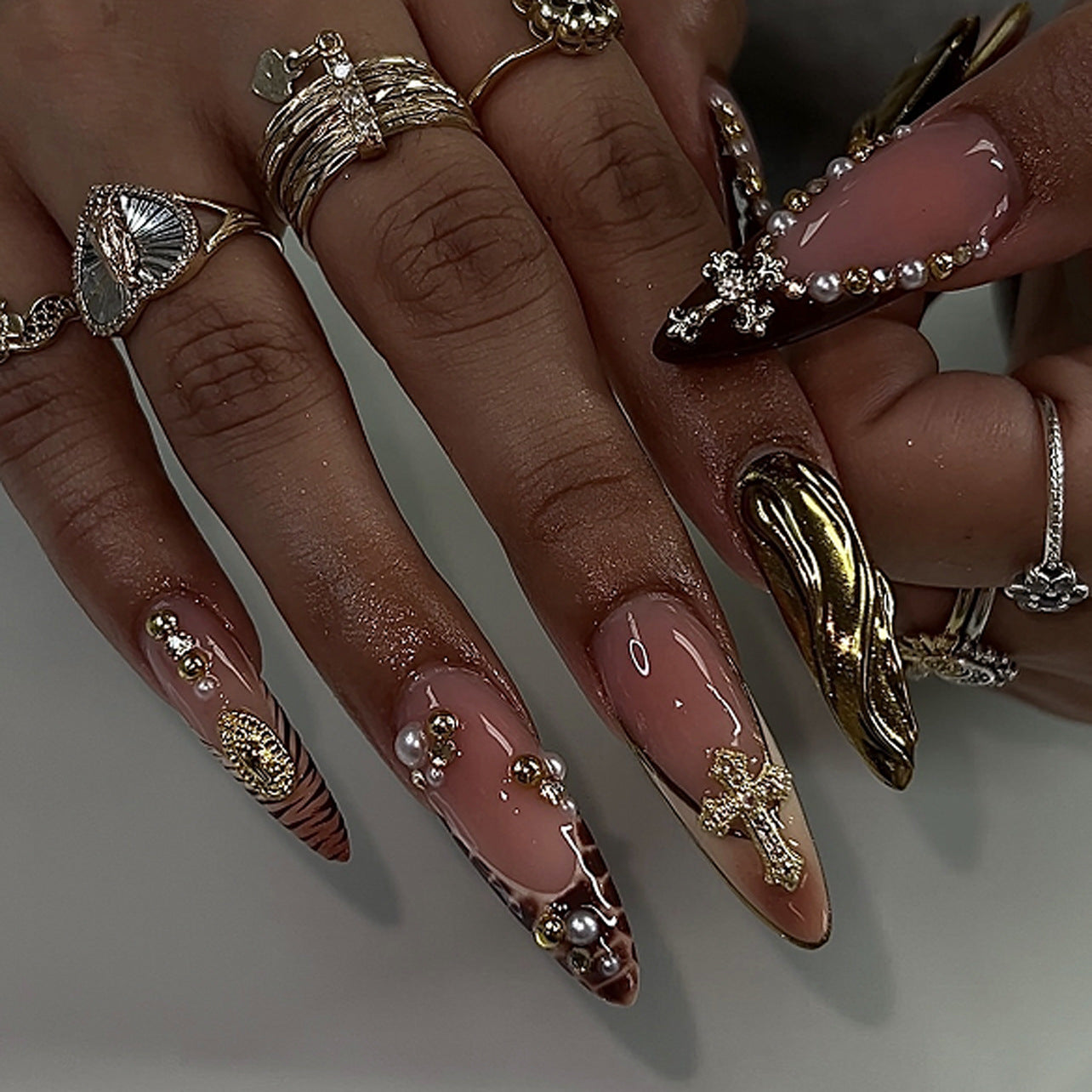 Enchanting Elegance Long Almond Peach and Brown Marble Press on Nail Set with Luxurious Gold Accents and Pearls