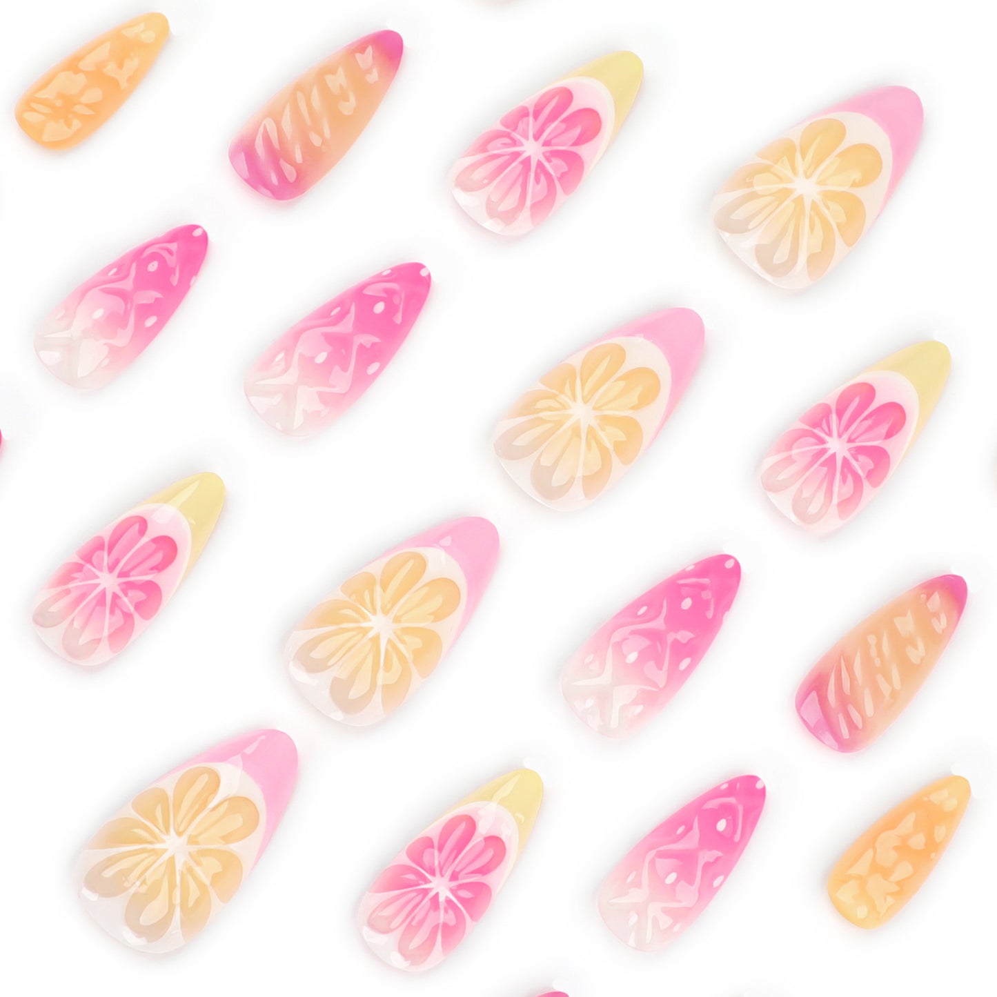 Tropical Paradise Short Almond Pink and Orange Ombre Press On Nail Set with Floral Designs