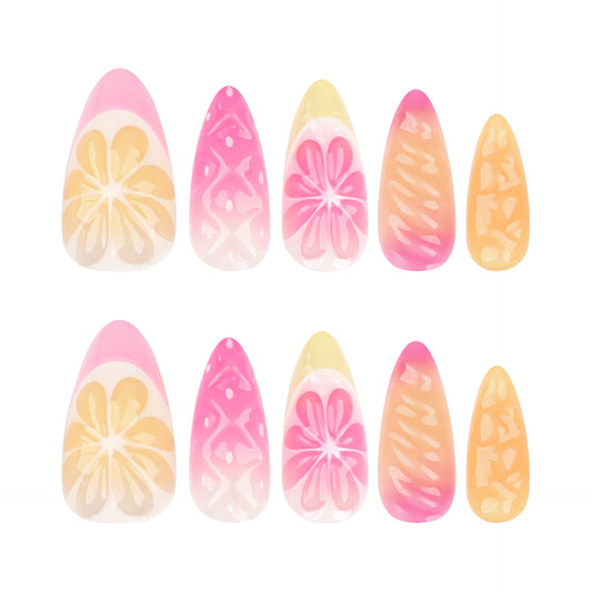 Vibrant Fruit Fiesta Short Almond Teardrop Pink and Yellow Press-On Nail Set with Unique Citrus Designs