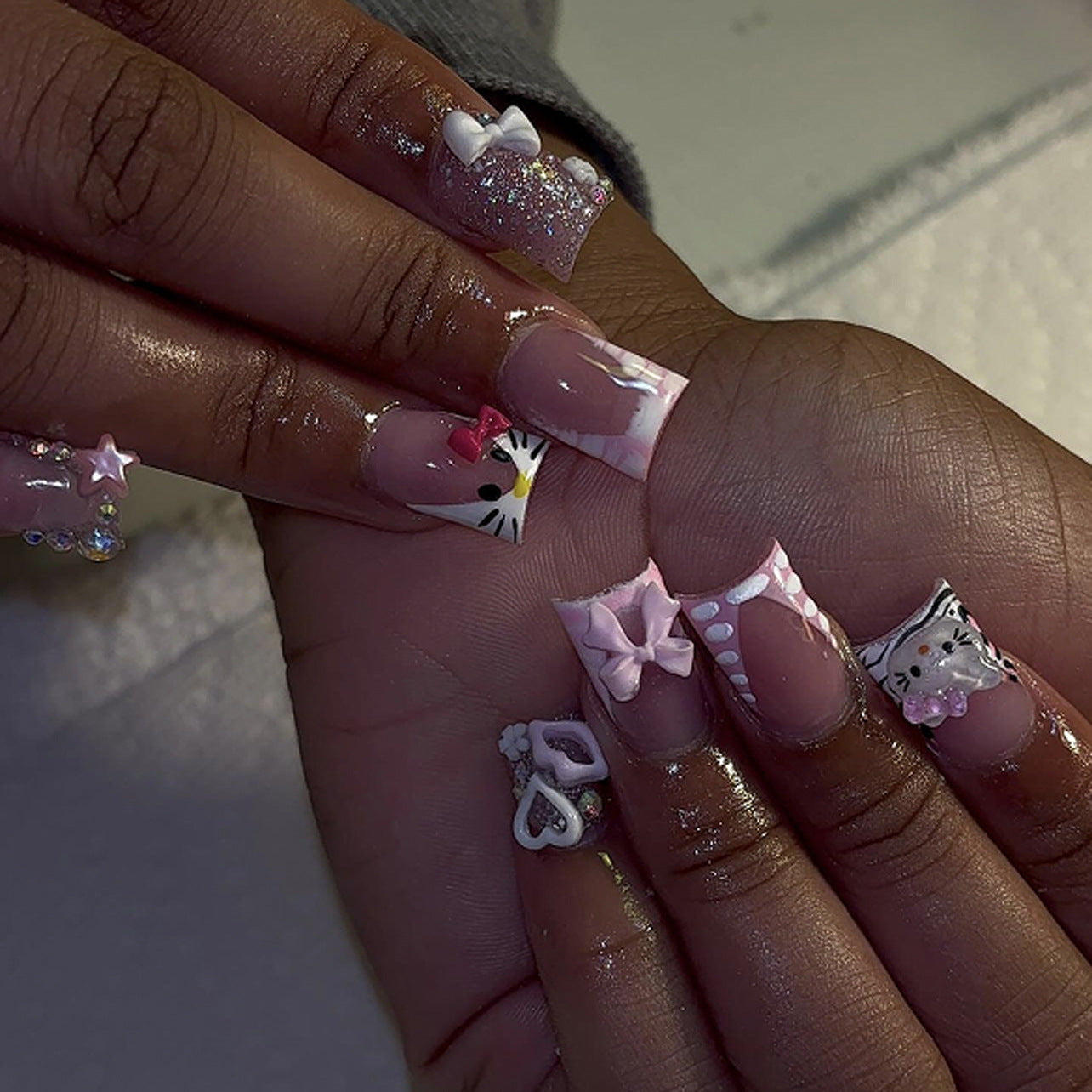Charming Princess Long Duck Pink Glittery Press On Nail Set With Adorable Bow And Cute Character Accents