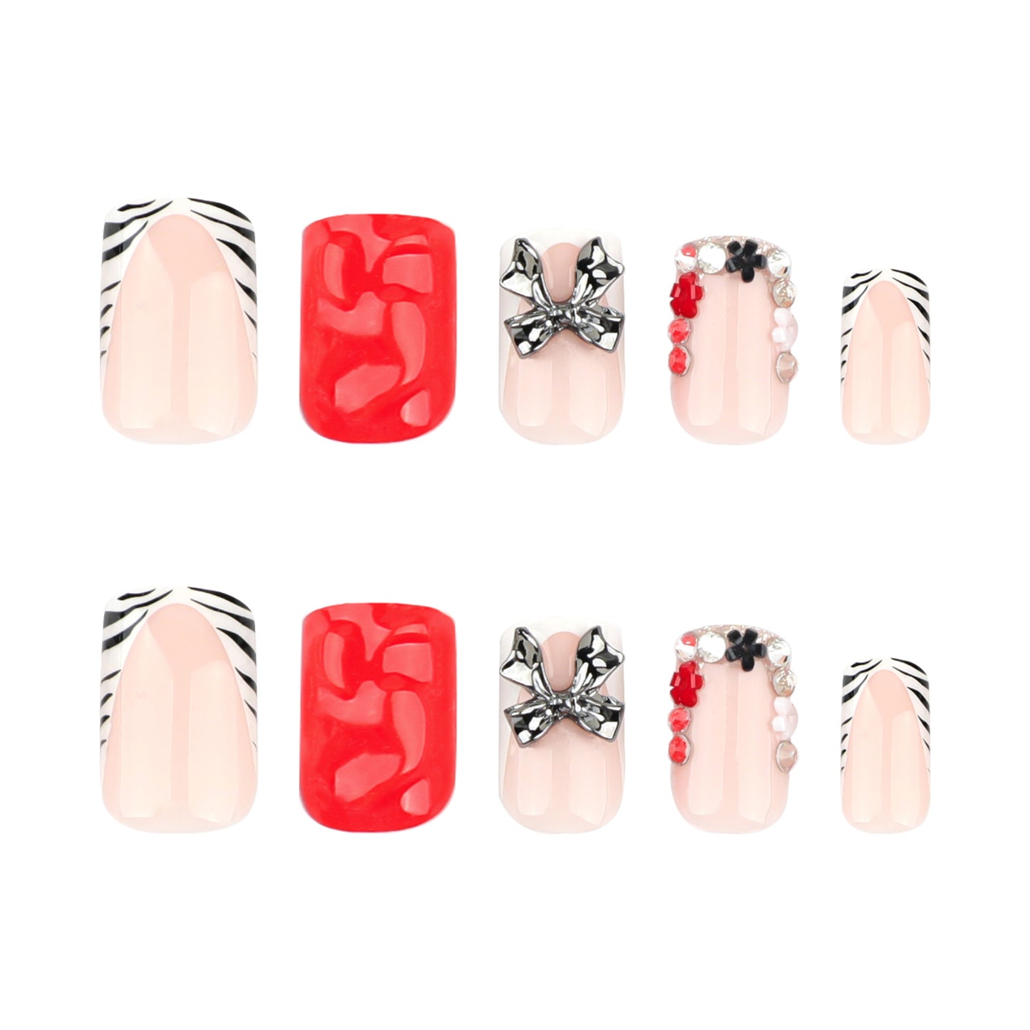 Animal Print Glamour Short Square Red and Zebra Pattern with Bow and Gem Accents Press on Nail Set