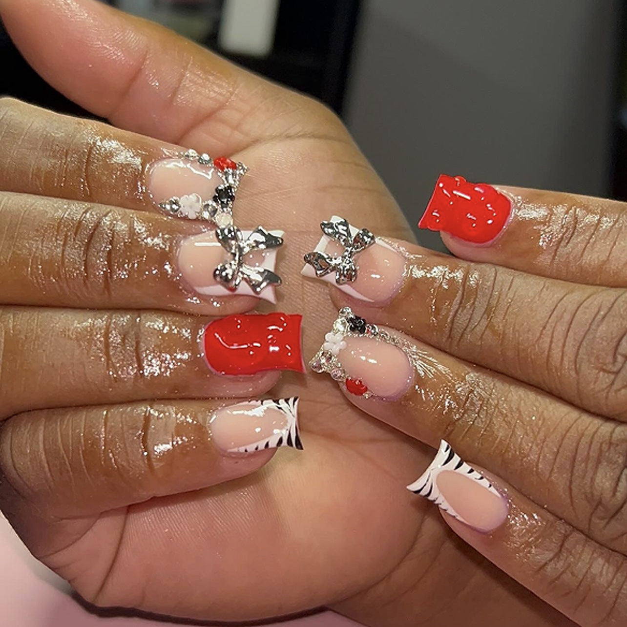 Chic Romance Press On Nail Set in Long Duck Glossy Red and Elegant Bow Features