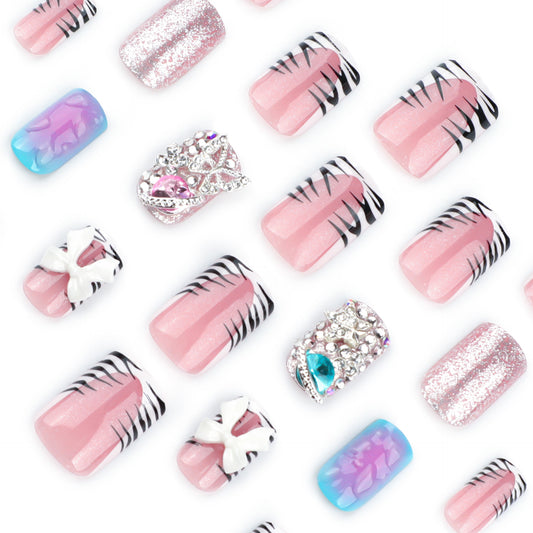 Wild Safari Glamour Press On Nail Set in Short Square Pink with Black Stripes and Sparkling Gem Accents