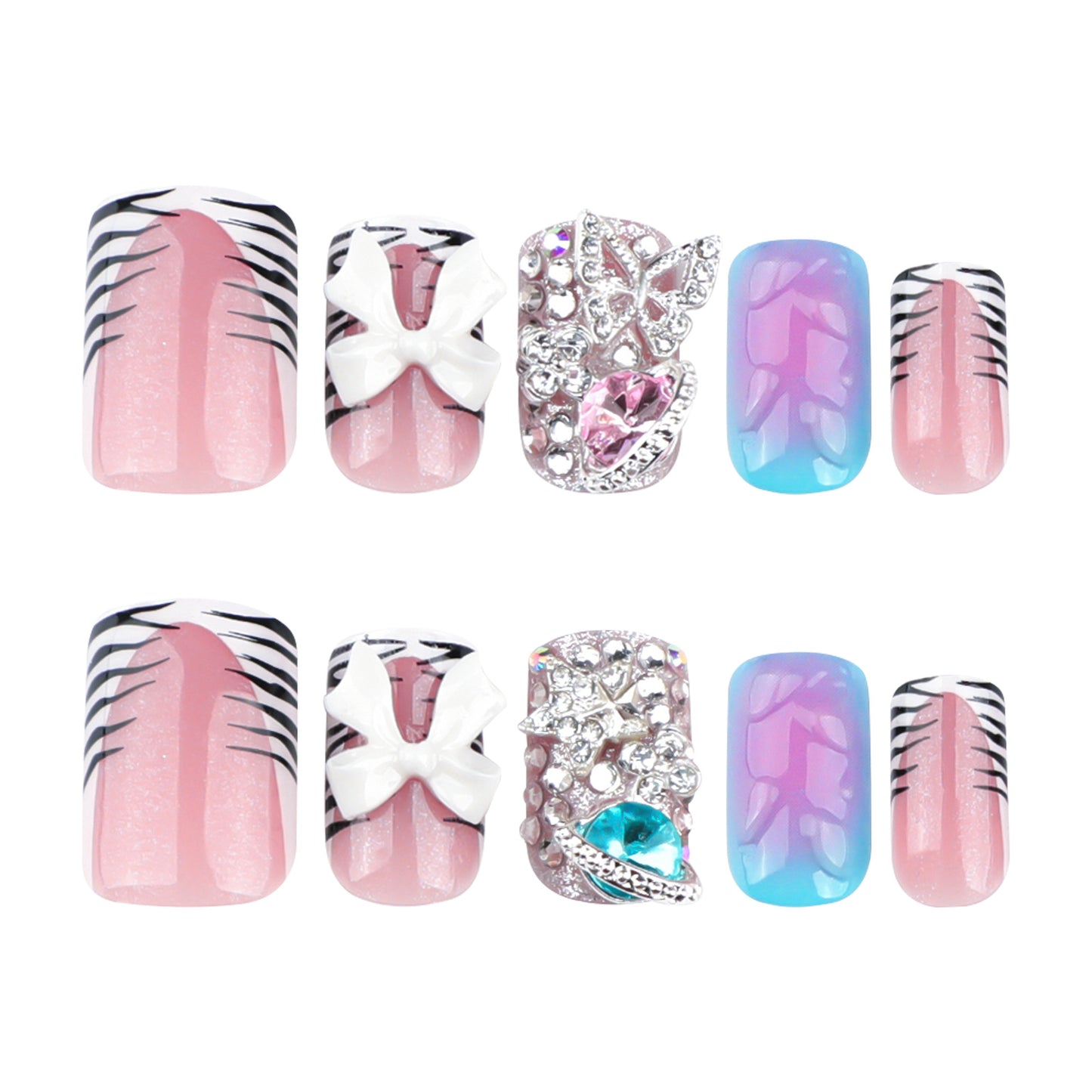 Whimsical Jungle Pink Short Square Press-On Nail Set Featuring Iridescent Gems and Chic Bow Accents
