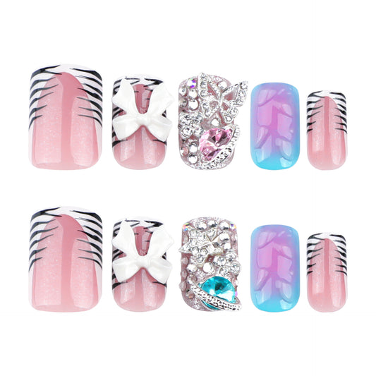 Whimsical Jungle Pink Short Square Press-On Nail Set Featuring Iridescent Gems and Chic Bow Accents