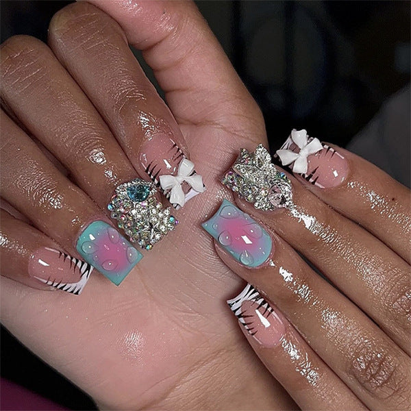 Whimsical Ocean Dreams Short Square Pastel Blue with Jewel Accents and Charming Bow Details Press On Nail Set