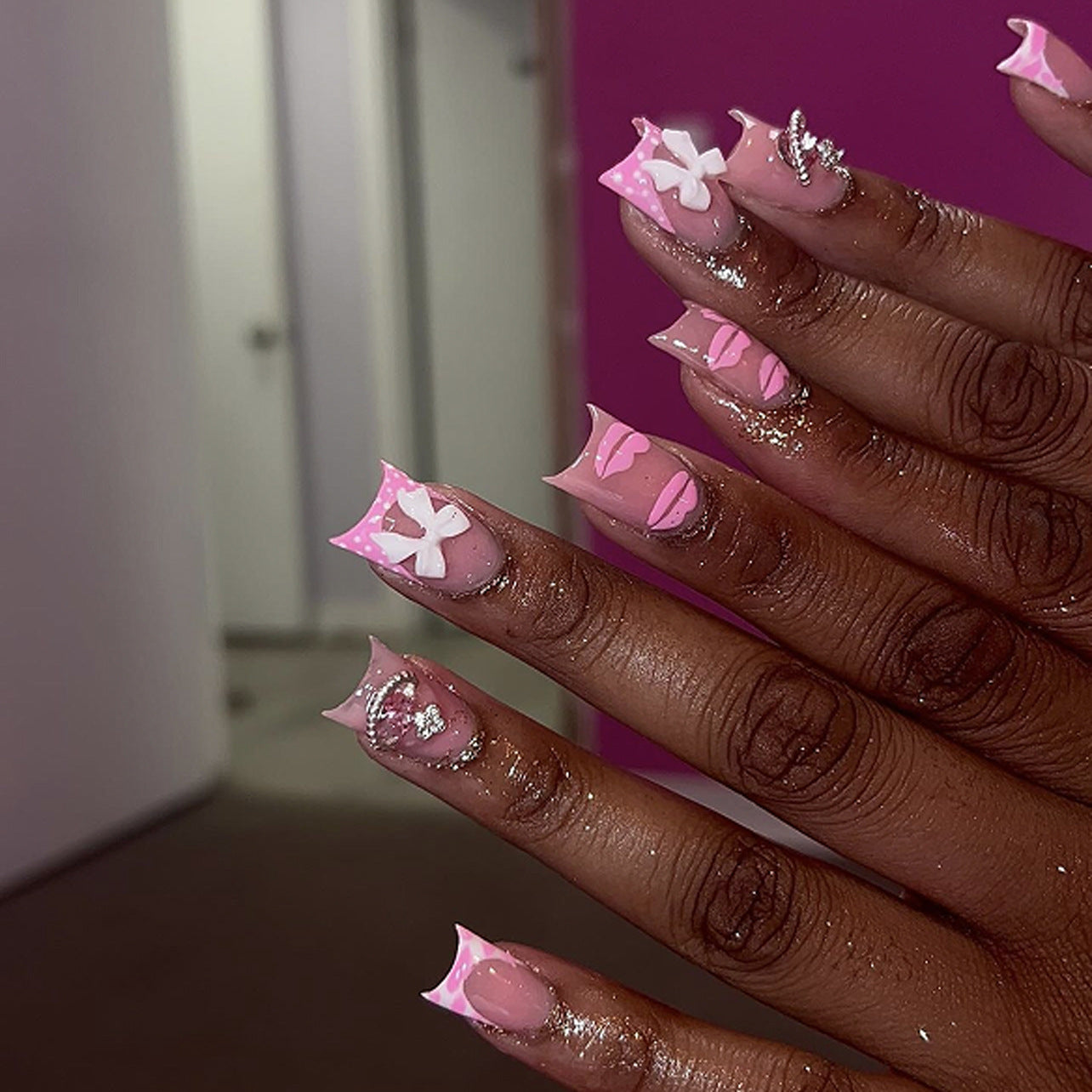 Charming Blossom In-Style Long Duck Pink with Decorative Floral Accents Press On Nail Set