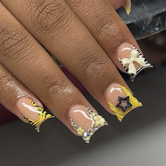 Tropical Vibes Long Duck Yellow and Clear with Floral and Gemstone Accents Press On Nail Set
