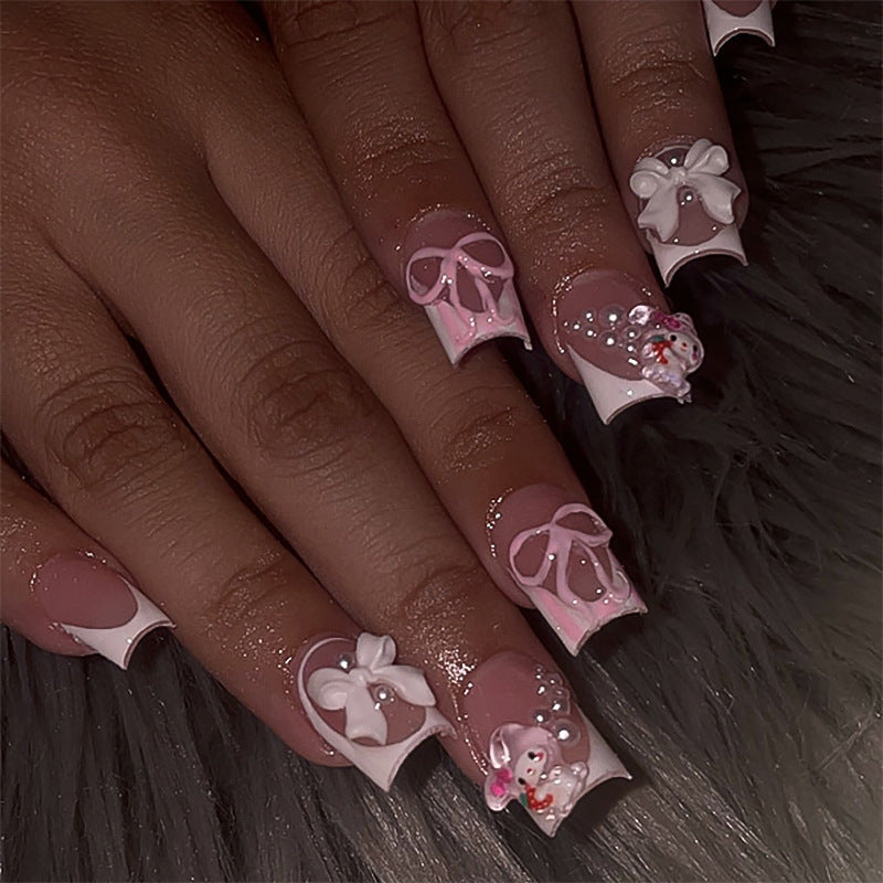 Charming Floral Fantasy Medium Square Pink Nails with Bow and Pearl Accents