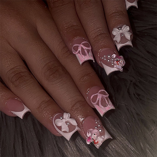 Charming Floral Fantasy Medium Square Pink Nails with Bow and Pearl Accents