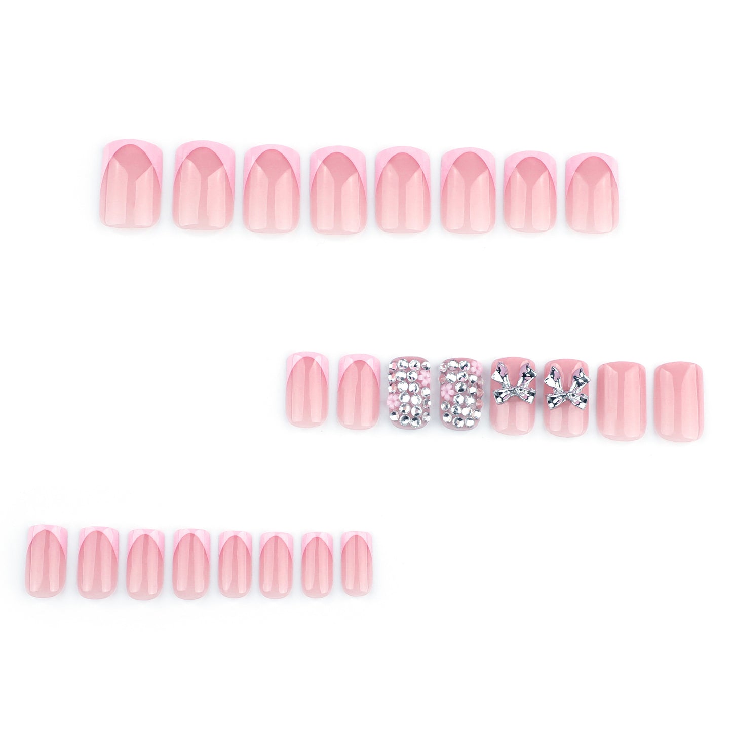 Whimsical Petal Bliss Short Square Pink Press On Nail Set with Dazzling Gemstone Accents