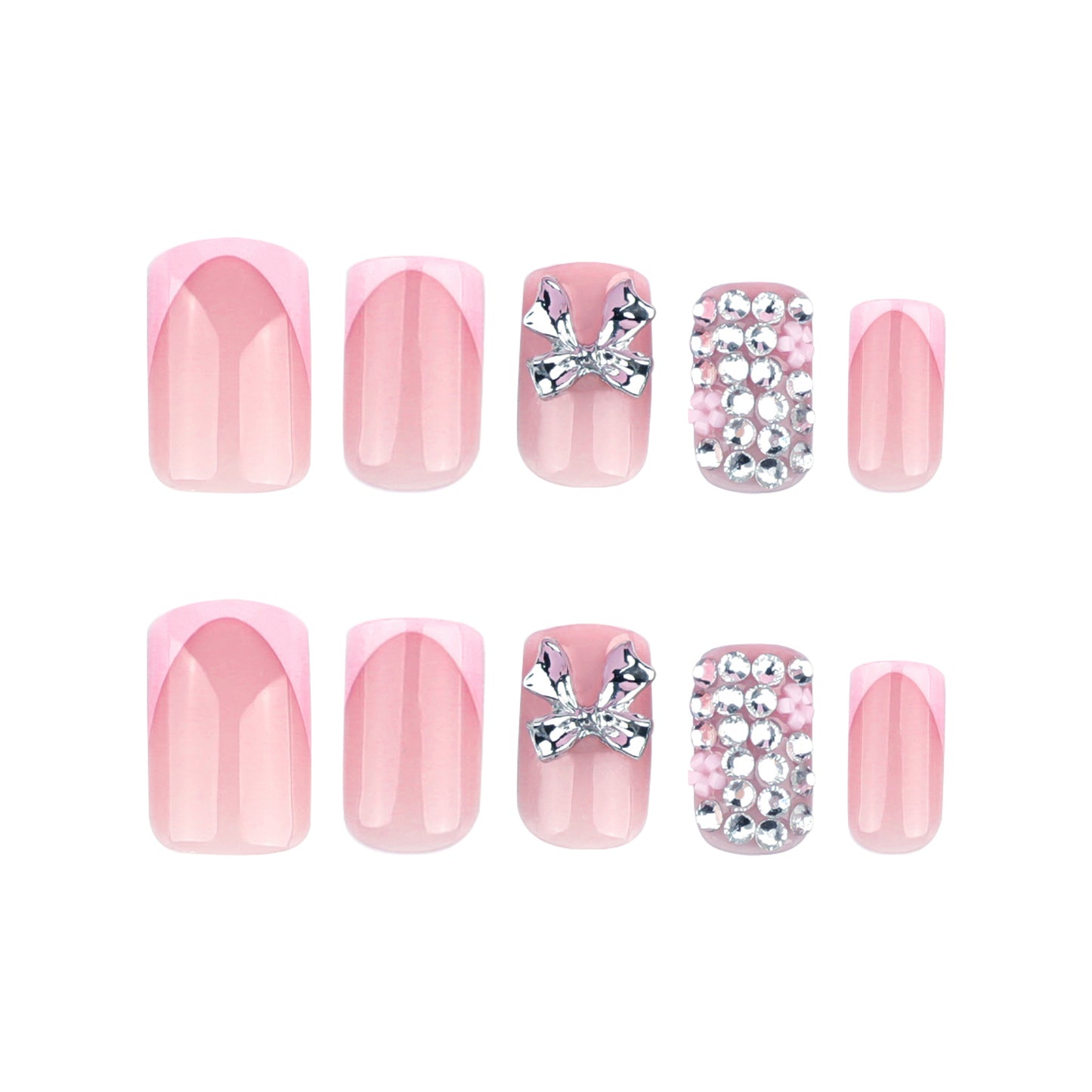 Charming Fairy Tale Short Square Pink Ombre Press-On Nail Set with Rhinestone and Bow Accents