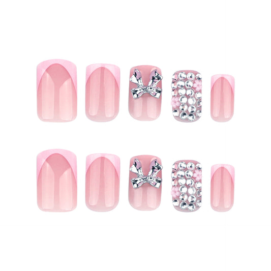 Charming Fairy Tale Short Square Pink Ombre Press-On Nail Set with Rhinestone and Bow Accents