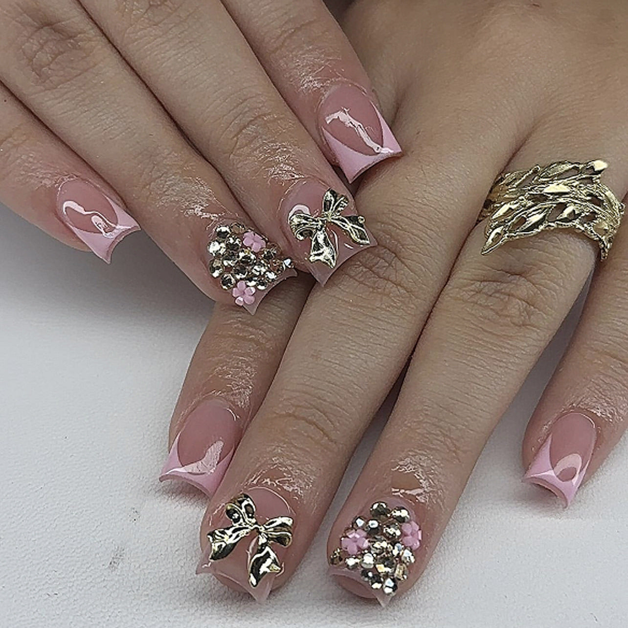 Whimsical Blossom Short Square Pink Press-On Nail Set with Elegant Bow and Floral Accents