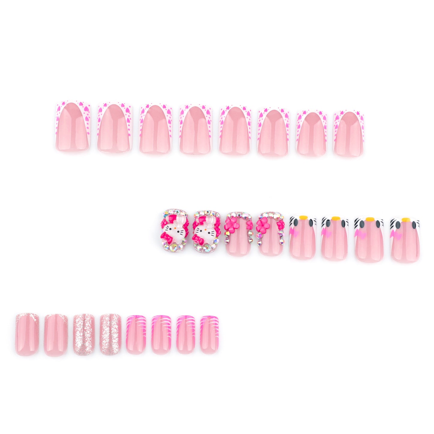 Whimsical Garden Short Square Pink Nails With Glitter And Cute Character Accents
