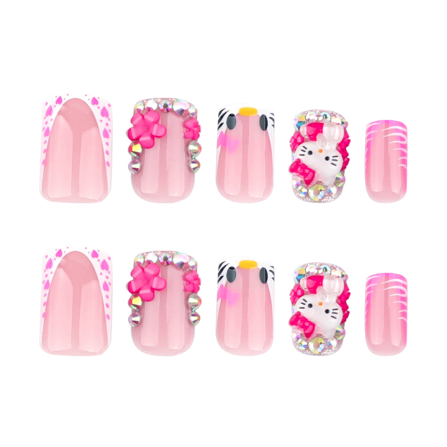 Cute Kawaii Dreams Medium Square Pink Press On Nail Set With Adorable Character And Decorative Accents