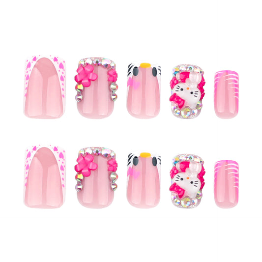 Cute Kawaii Dreams Medium Square Pink Press On Nail Set With Adorable Character And Decorative Accents