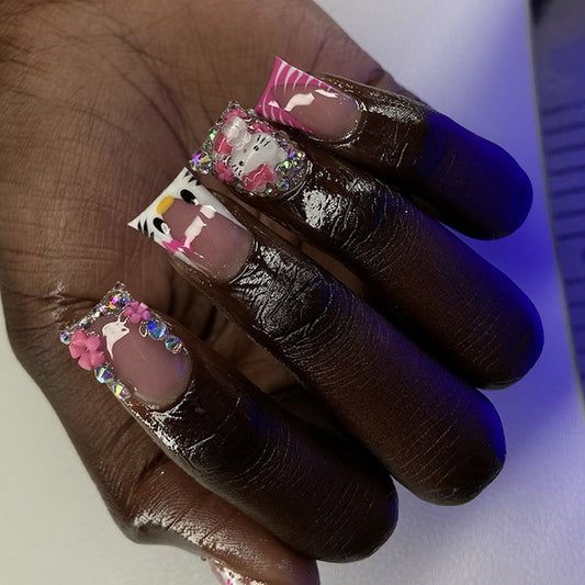 Dreamy Delight Extra Long Duck Pink With Vibrant Characters And Sparkling Embellishments Press On Nail Set