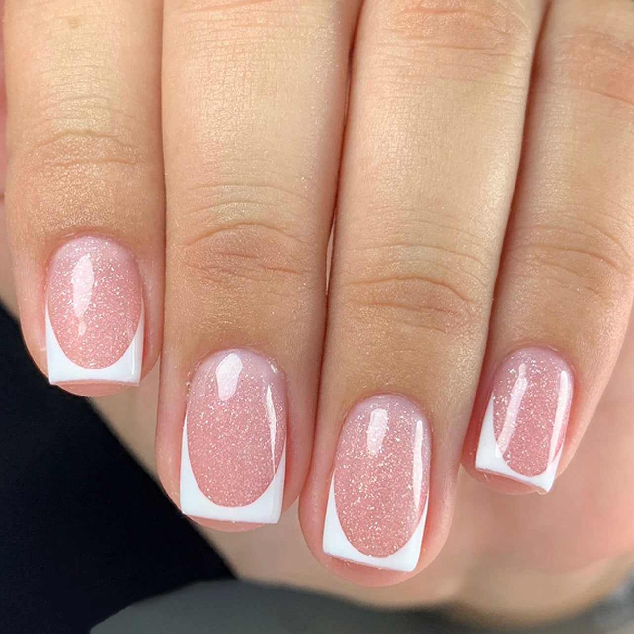 Dreamy Elegance Short Square Blush Pink Press On Nail Set with Sparkling French Tips