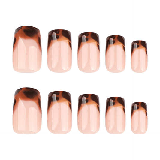Chic Safari Inspired Medium Square Almond Brown and Beige Gradient Press On Nail Set with Glossy Finish