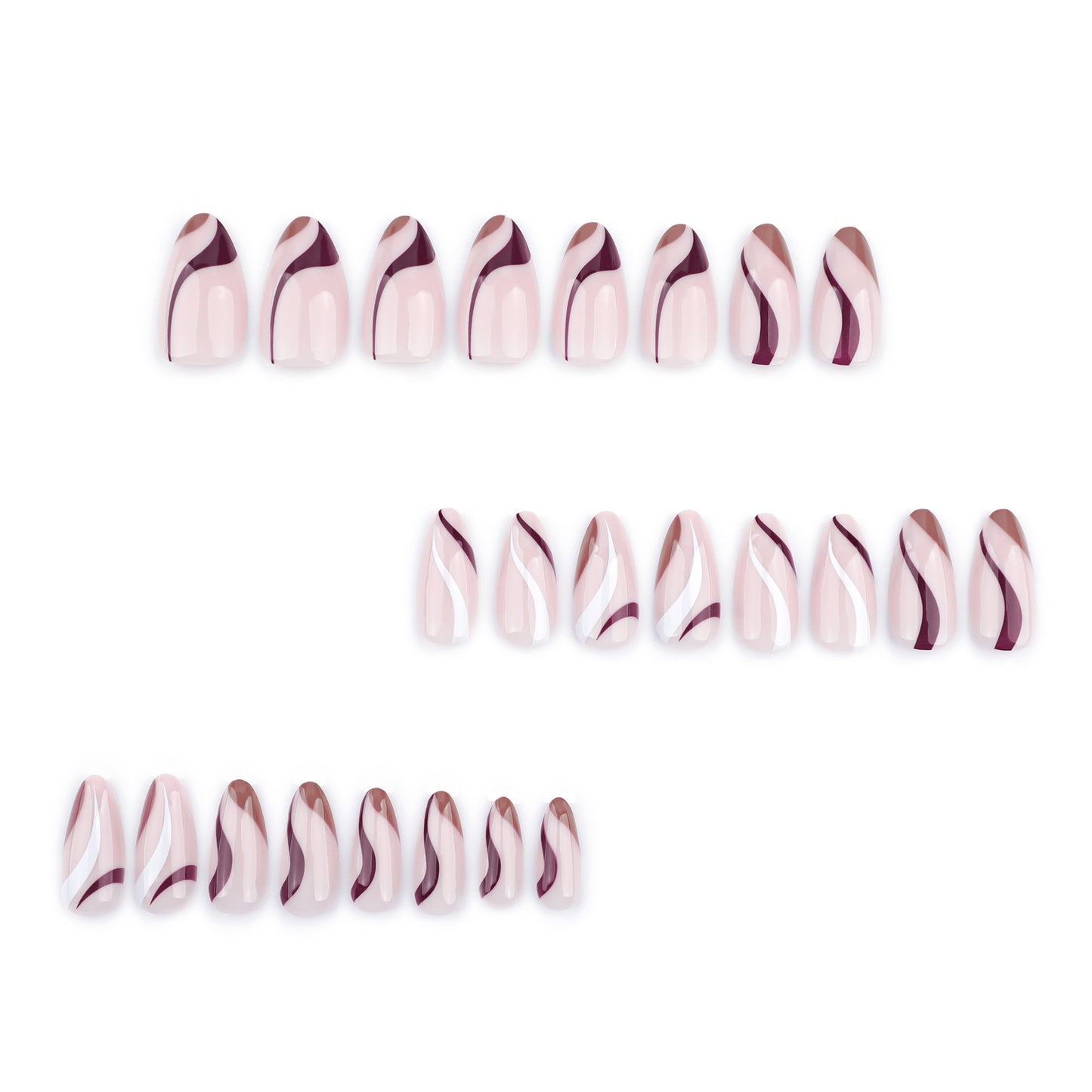 Chic Elegance Medium Length Almond Shaped Soft Pink with Artistic Wine Swirl Press On Nail Set