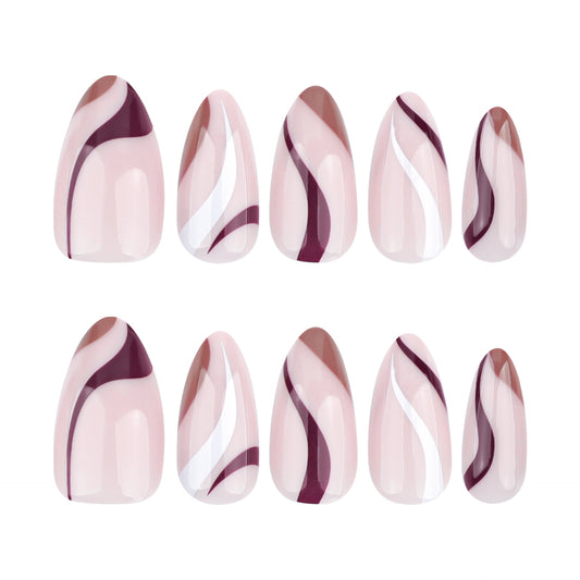 Whimsical Marble Dream Short Almond Pink and Burgundy Press On Nail Set with Glossy Finish