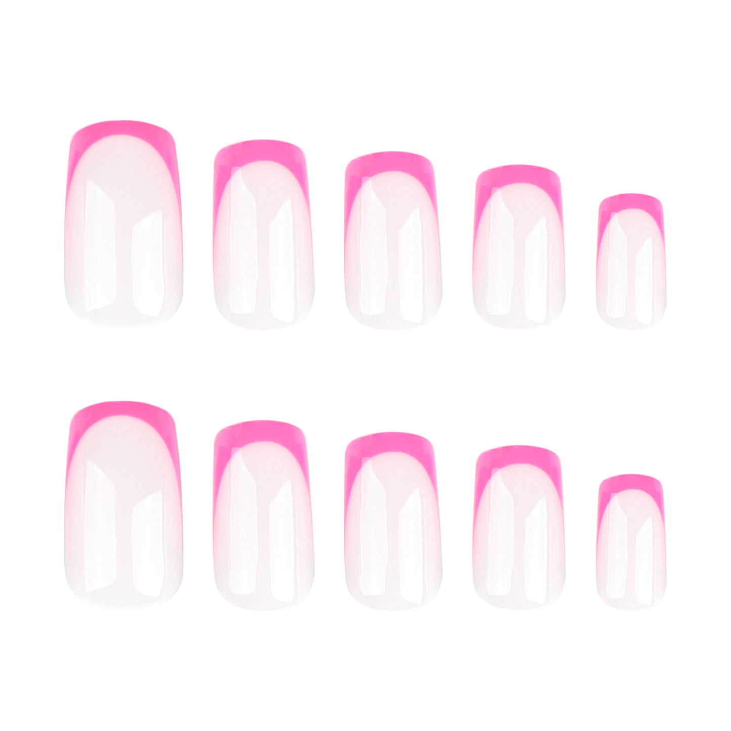 A set of false nails varying in size with a square shape and a pink French tip design with a shimmering finish.