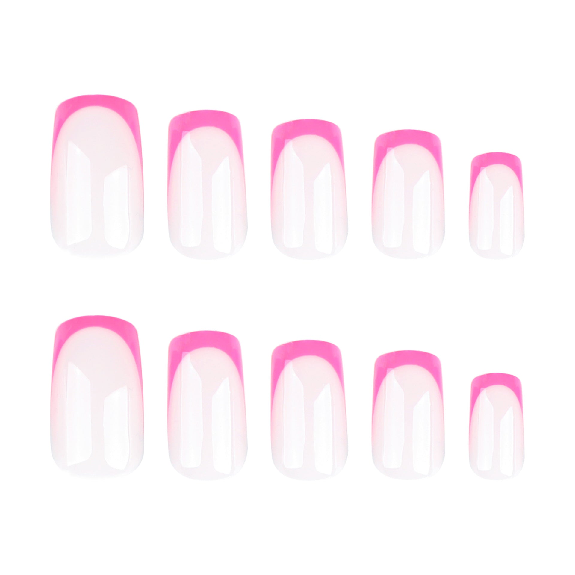 A set of false nails varying in size with a square shape and a pink French tip design with a shimmering finish.