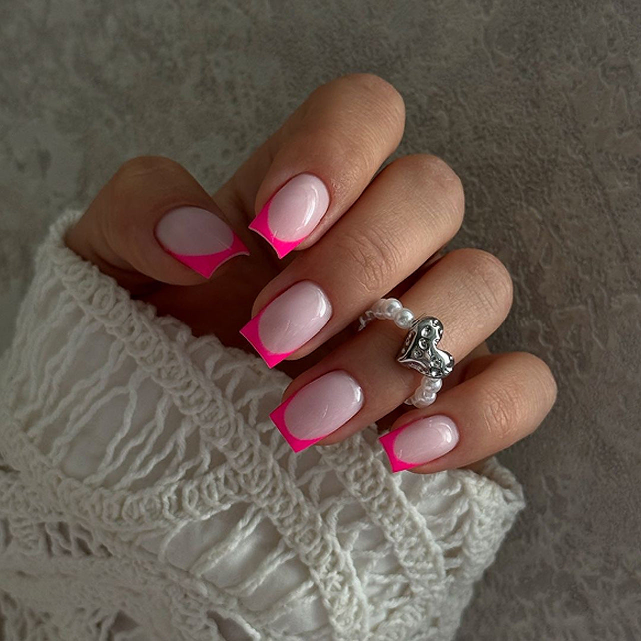 Chic Tropical Vibe Short Square Pink Tipped Press On Nail Set with Glossy Finish