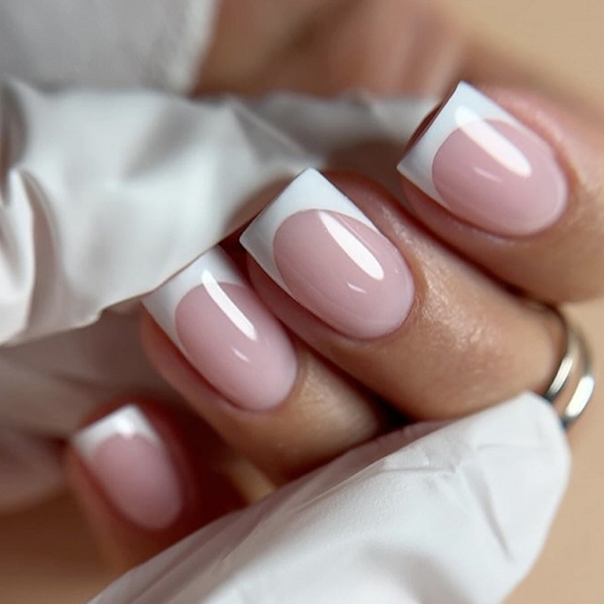 Chic Elegance Short Square Pink and White French Nail Set with Unique Glossy Finish