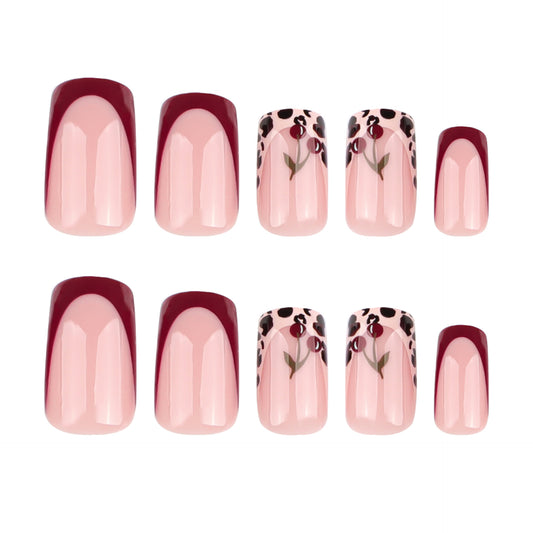 Chic Floral Vibes Short Square Bordeaux Red and Beige Pink Press On Nail Set with Artistic Design