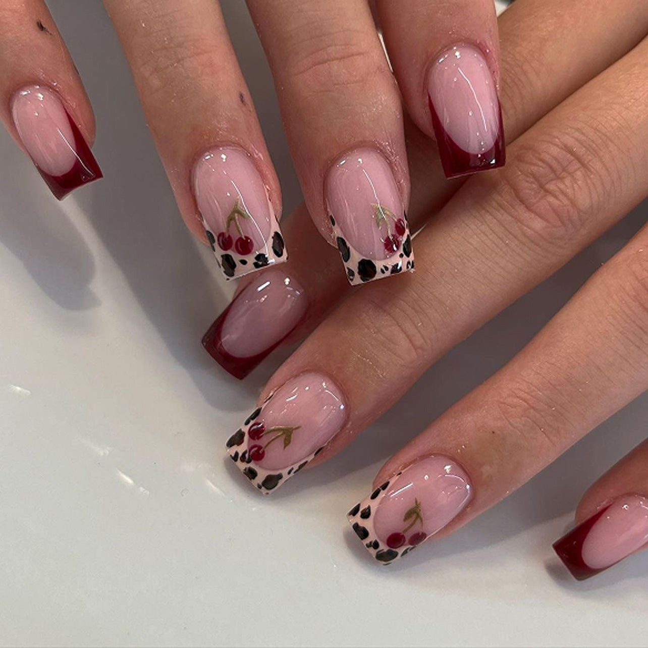 Cherry Blossom Delight Short Square Burgundy and Clear with Floral and Animal Print Accents Press on Nail Set
