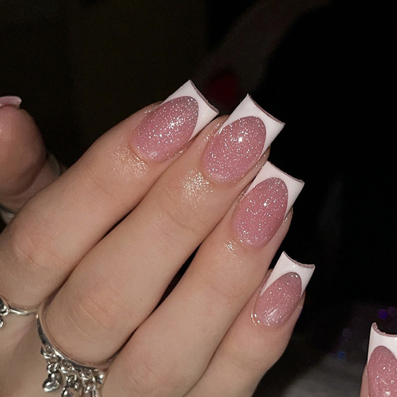 Glamorous Pink Elegance Short Square Shaped Sparkling Glitter Press On Nail Set with Chic White Tips