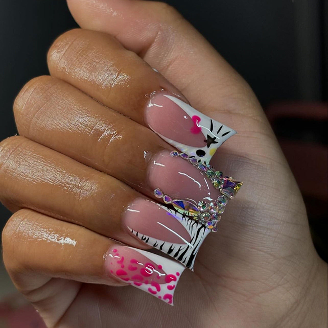Fierce Wildflower Long Duck Pink With Animal Print And Rhinestone Accents Press On Nail Set