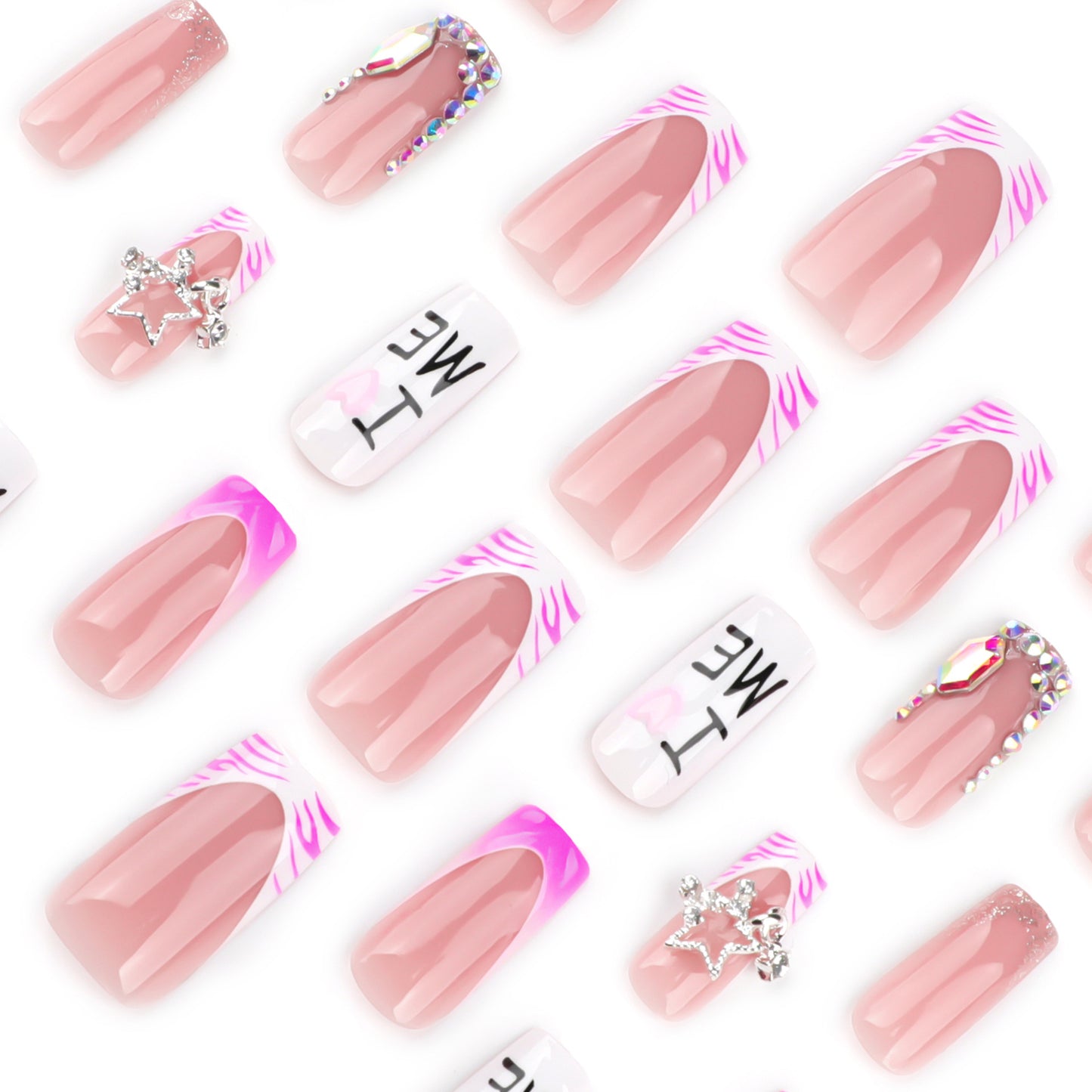 Charming Floral Dream Medium Square Pink Nails with Glitter and Rhinestone Accents