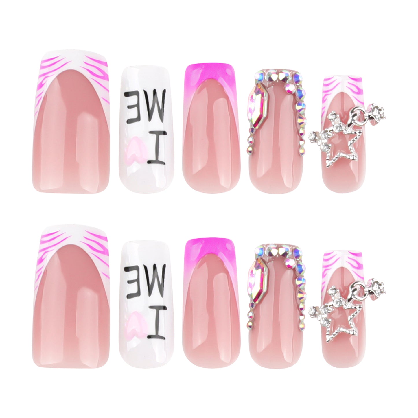 Chic Glamour Elegant Medium Square Pink Medium Length Press On Nail Set with Rhinestone and Star Charm Decoration