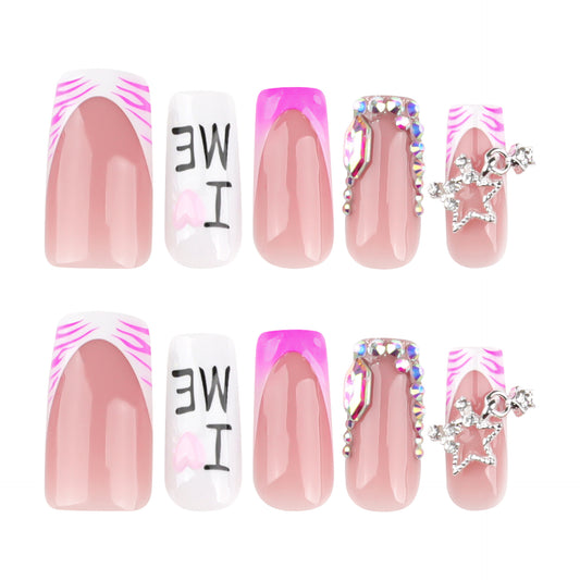 Chic Glamour Elegant Medium Square Pink Medium Length Press On Nail Set with Rhinestone and Star Charm Decoration