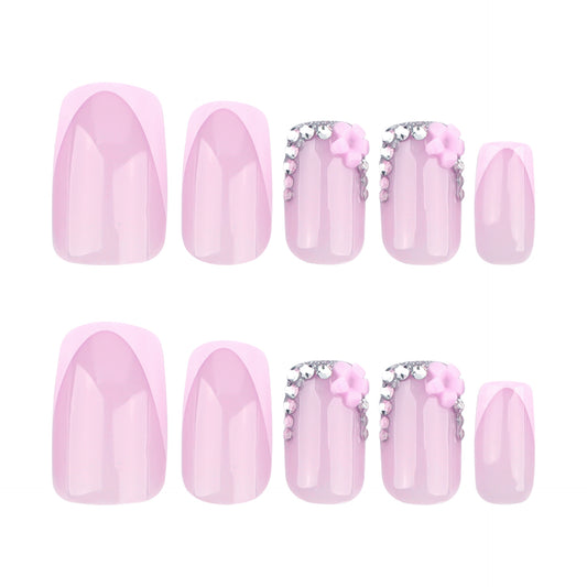 Charming Blossom Delight Short Squoval Blush Pink Press On Nail Set with Floral Embellishments