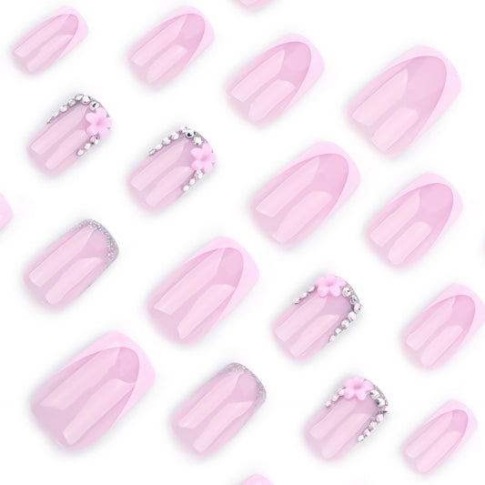 Whimsical Garden Dreamy Short Squoval Pink Press On Nail Set with Sparkling Floral Accents