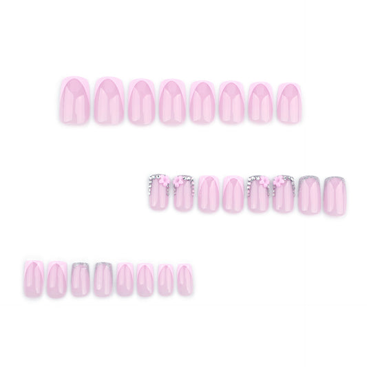 Delicate Blossom Dream Short Squoval Light Pink Press On Nail Set with Floral Accents and Glitter Detailing