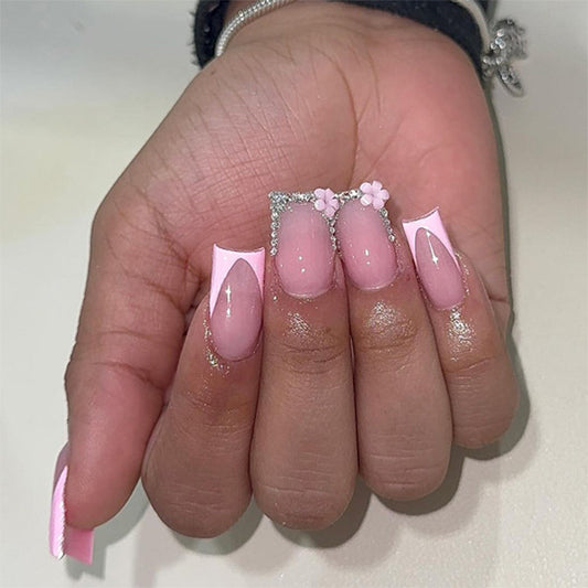Dreamy Blossom Elegance Medium Square Pink Nails with Dazzling Floral Accents