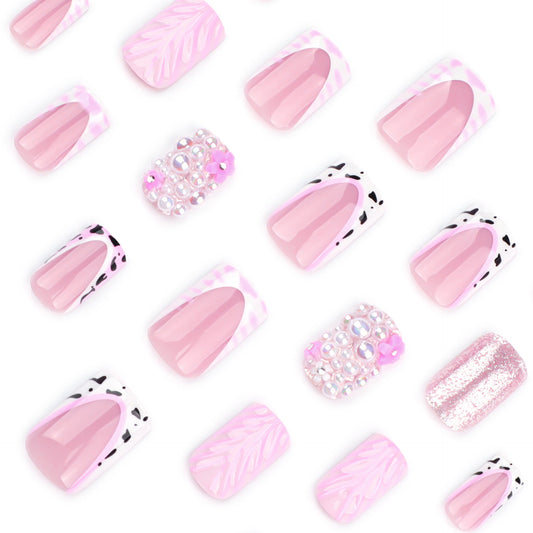 Charming Blossom Press On Nail Set Short Square Pink with Sparkling Accents