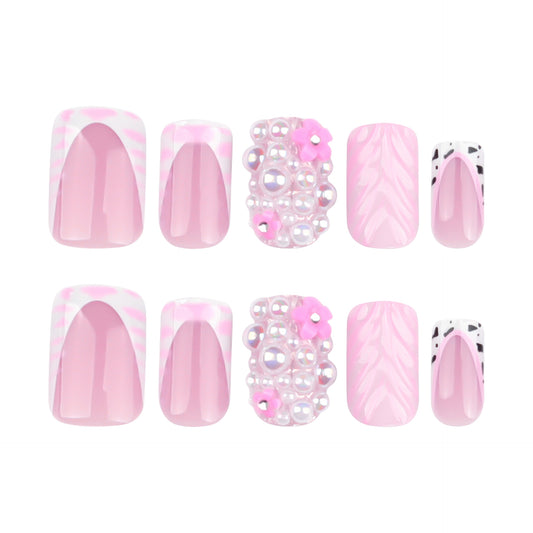 Blush Blossom Dreamy Short Square Pink Nail Set with Glamorous Pearl Accents