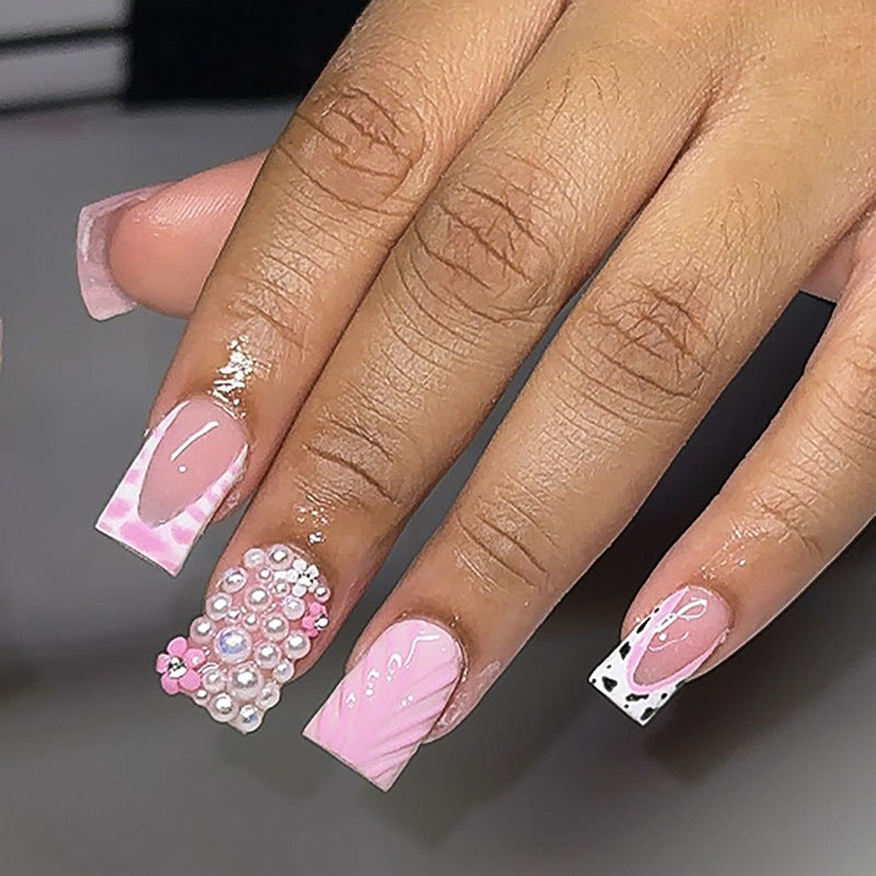 Glamorous Garden Long Duck Pink Press On Nail Set with Pearl and Gem Accents