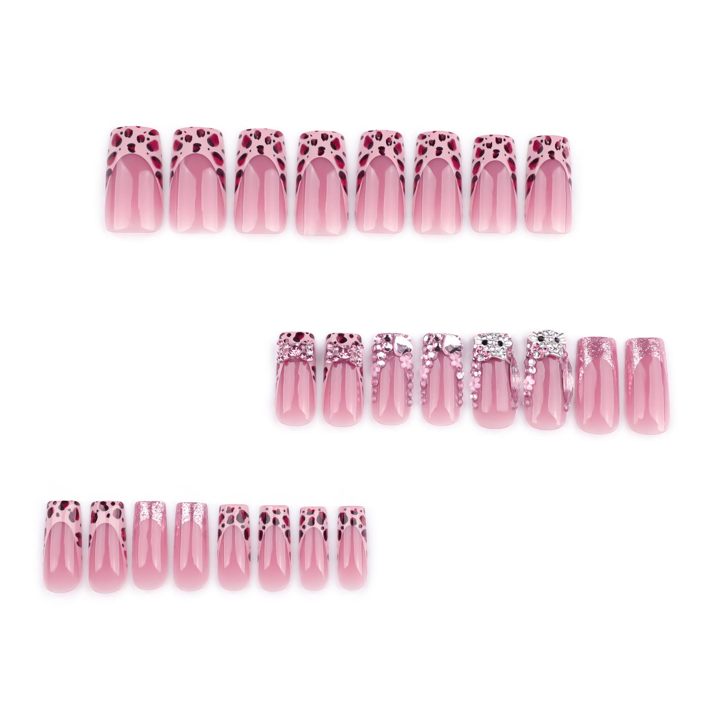 Chic Glamour Medium Square Pink Press On Nail Set With Dazzling Glitter And Stylish Animal Print Accents