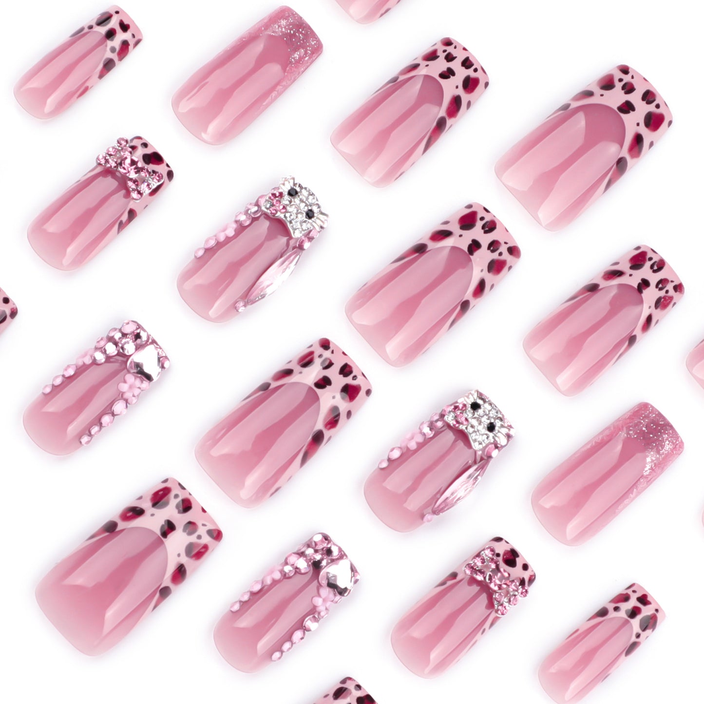 Elegant Safari Inspired Medium Square Pink Press On Nail Set With Dazzling Rhinestones And Wild Animal Print Design