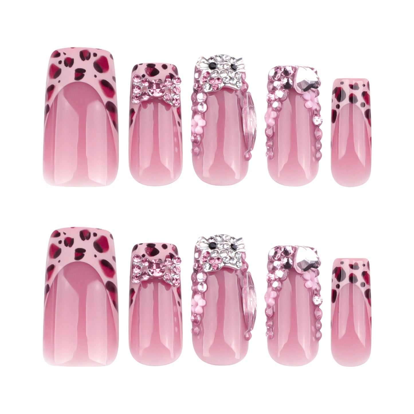 Glamorous Elegance Medium Square Pink Nails With Leopard Print And Sparkling Rhinestone Accents